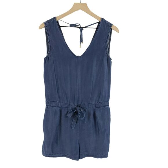 ZARA Blue Size XS Shorts Sleeveless Romper V-Neck Tie Waist One Piece Chambray - Picture 9 of 9